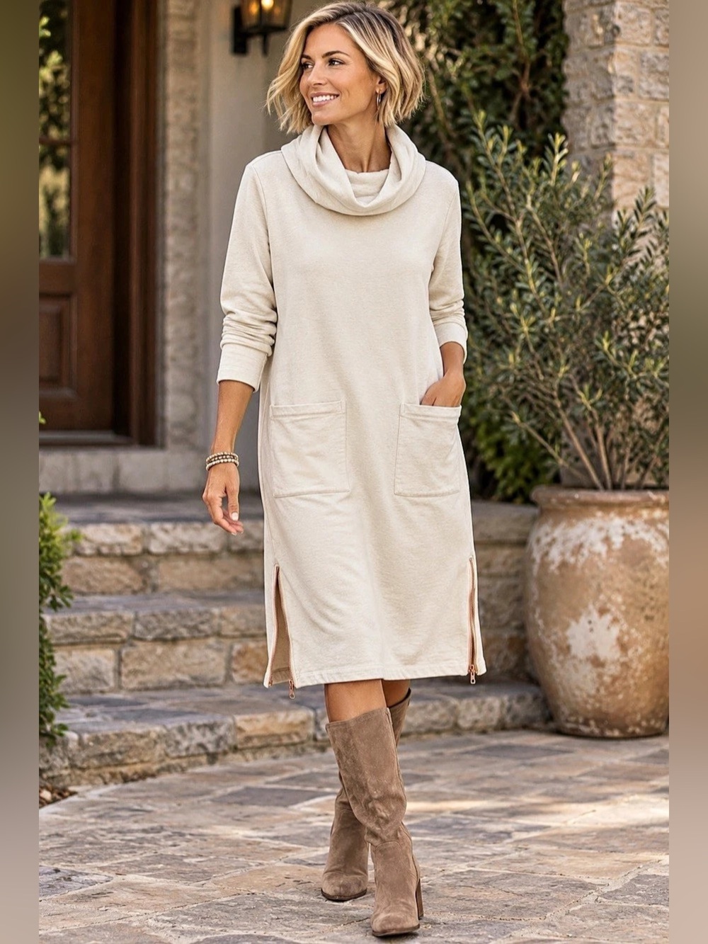 Soft Surroundings L Cream Cowl Neck Sweatshirt Dress Zip Hem Pockets